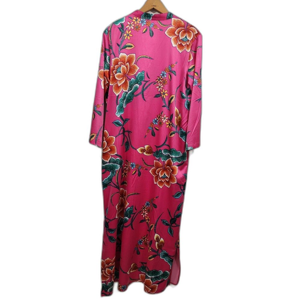 Natori Hot Pink Satin Floral Caftan Mandarin neckline Womens S Resort Lounge - Picture 2 of 11
